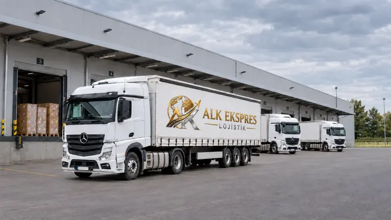 Depo rampası önünde beyaz ALK Ekspres tırları, açık kapıda paletli koliler
