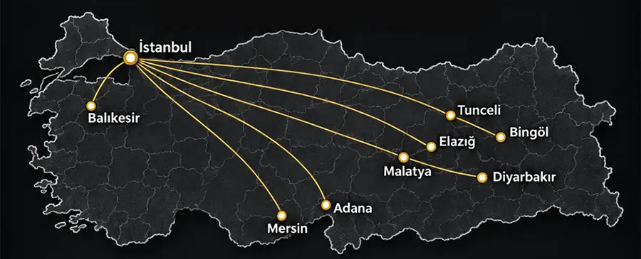 Türkiye haritası: İstanbul’dan Adana, Mersin, Malatya, Elazığ, Tunceli, Bingöl, Diyarbakır ve Balıkesir’e uzanan sefer hatları