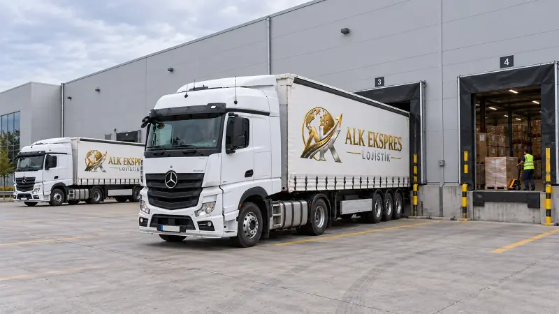 Yükleme rampasına yanaşmış beyaz ALK Ekspres tırı, depoda palet taşıyan çalışan